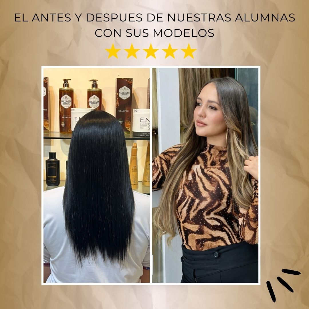 Antes y después de alumna con extensiones de cabello